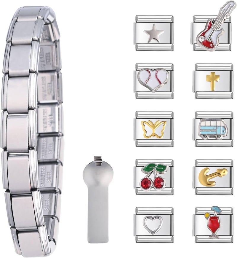 Gracayfr 10 قطع سوار سحر إيطالي، سحر إيطالي DIY، سوار سحر رابط مودولار كلاسيكي من 2000، هدايا عيد الهالوين وعيد الميلاد للنساء والفتيات مع أداة - Image 1
